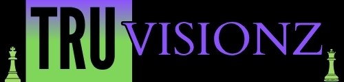 Tru Visionz logo with bold black and purple text on a green background, accented with chess pieces