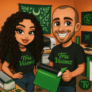 Illustrated graphic for Crafting with Tru Visionz Creatives featuring two characters, representing custom signage, apparel, and creative design services.