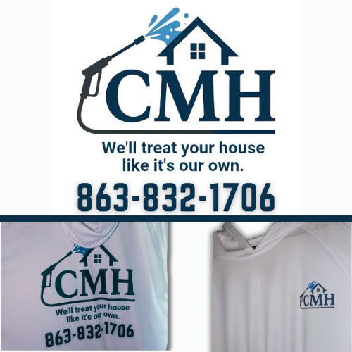 Custom logo design and printed apparel for CMH Pressure Washing, featuring a house with spray nozzle graphic, company slogan, and contact number, created by Tru Visionz.