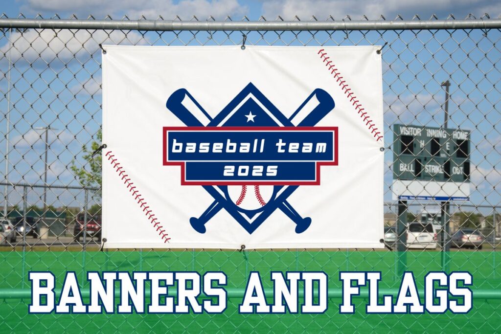 Baseball Team 2025 custom sports banner with crossed bats and baseball design, displayed on chain-link fence, created by Tru Visionz Banners and Flags.