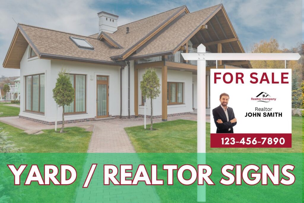 Real estate “For Sale” yard sign with realtor photo, contact info, and branding, displayed in front of a modern home, created by Tru Visionz.