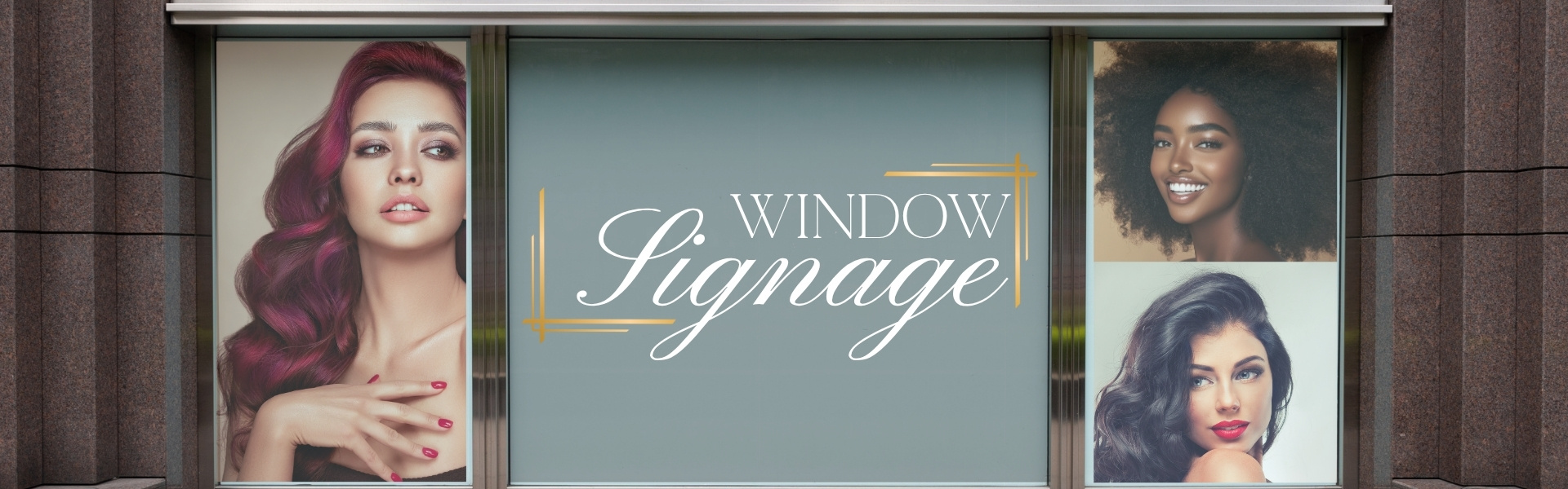 Large custom window signage for The Hair Salon, featuring haircare graphics and portraits, designed and installed by Tru Visionz.