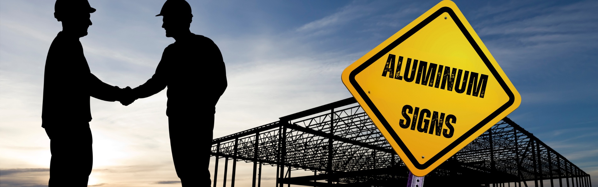 Custom aluminum “Under Construction” sign displayed outdoors with two workers in silhouette, designed by Tru Visionz Aluminum Signage.