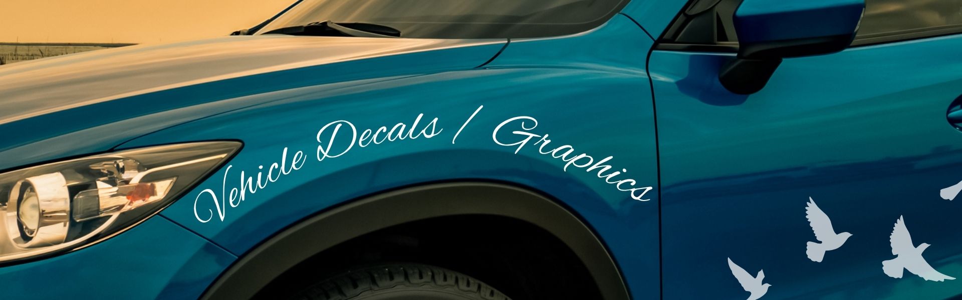 Blue SUV with custom white vinyl decals of flying birds and text “Wild and Free,” designed and installed by Tru Visionz Vehicle Decals and Wraps.