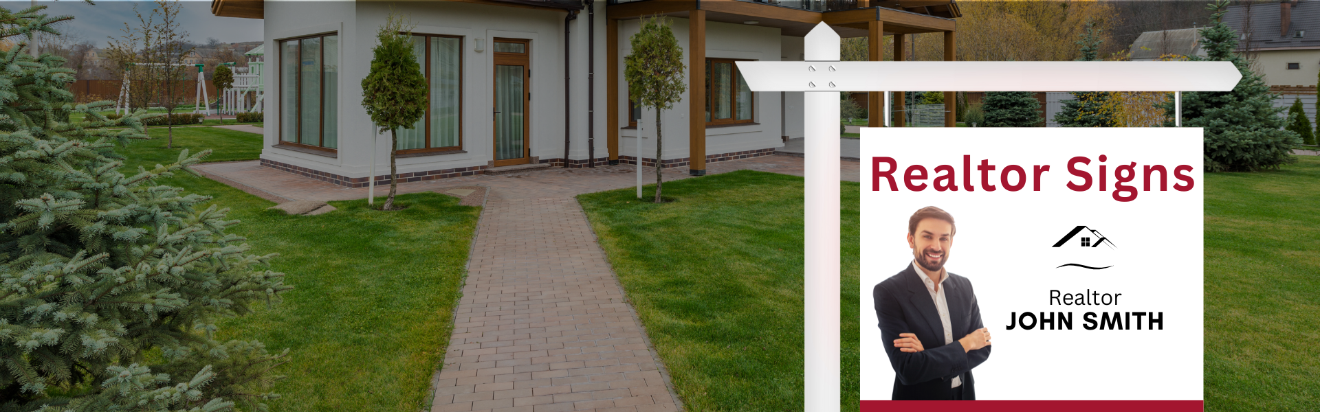 Real estate “For Sale” yard sign with realtor photo, contact info, and branding, displayed in front of a modern home, created by Tru Visionz.