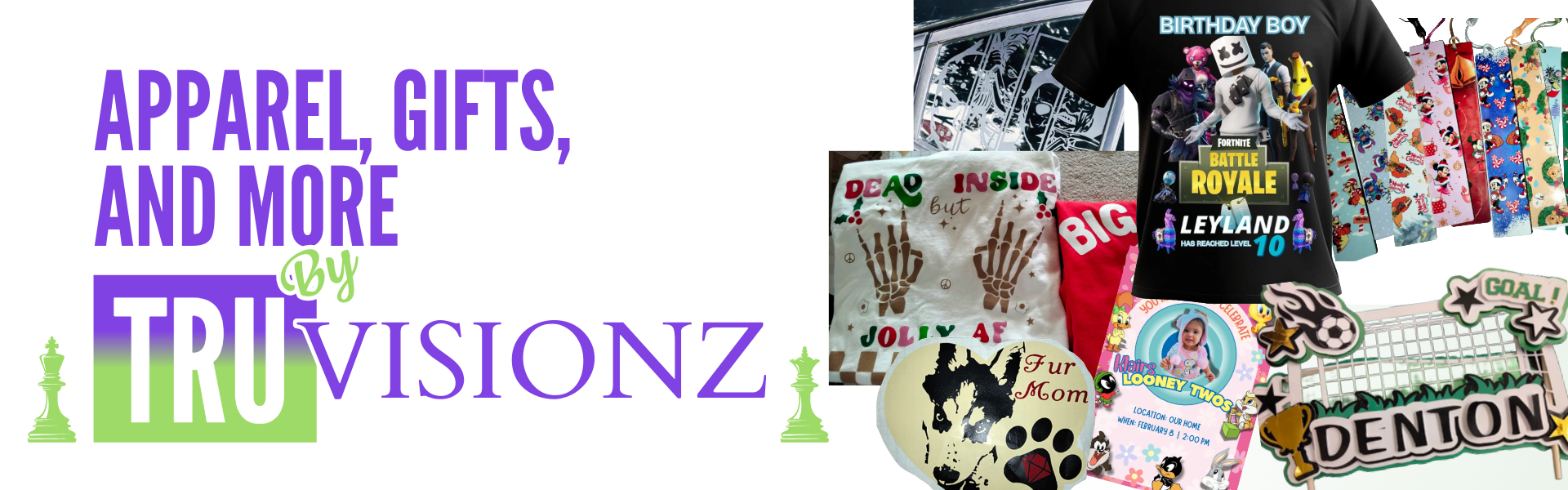Collage of custom apparel, gifts, and personalized products by Tru Visionz, including printed t-shirts, custom lanyards, sports-themed cutouts, pet gifts, and celebration signs.