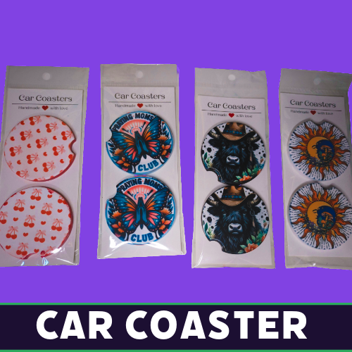 Custom printed car coasters with unique designs by Tru Visionz.