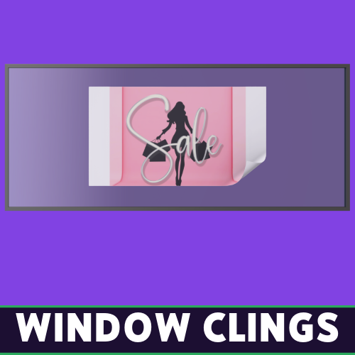 Custom decorative window cling with pink background and illustrated design, created by Tru Visionz.