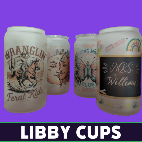 Custom engraved Libby cups featuring names and decorative designs by Tru Visionz.