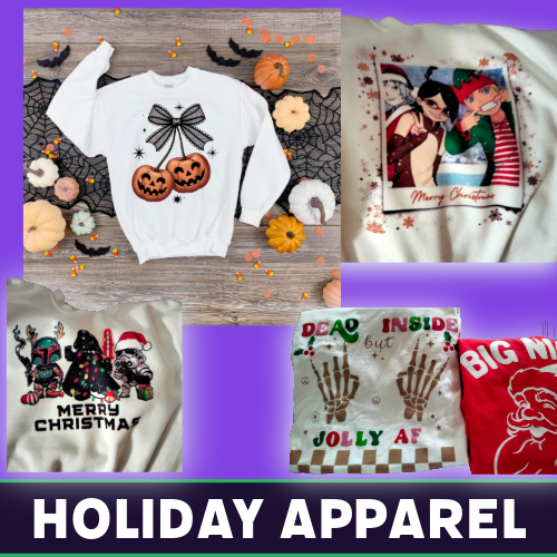 Holiday-themed shirts and accessories with custom designs by Tru Visionz.