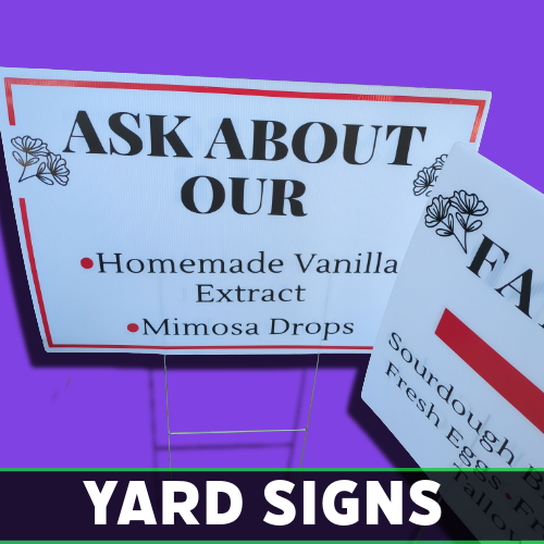 Custom white yard sign reading “Ask About Our Homemade Vanilla Extract Mimosa Drops,” printed by Tru Visionz.