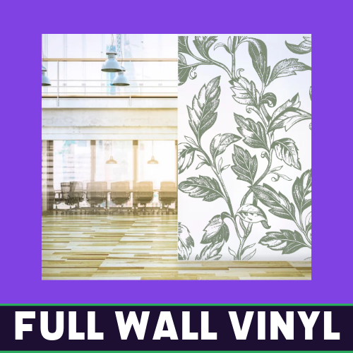 Interior wall covered in botanical full wall vinyl with green leaf design, installed by Tru Visionz.