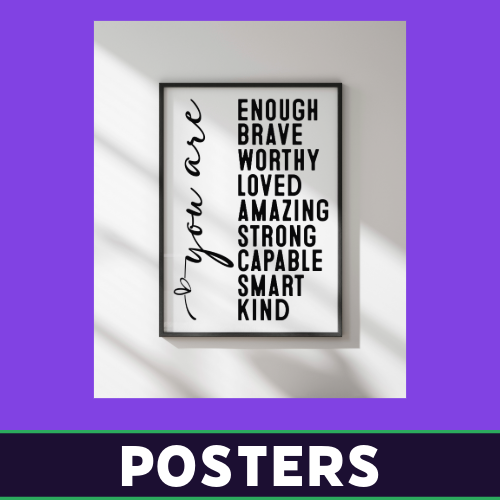 Black-and-white inspirational quote poster reading “Enough. Worthy. Strong. Brave. Loved. Amazing. Capable. Smart. Kind.” designed by Tru Visionz.