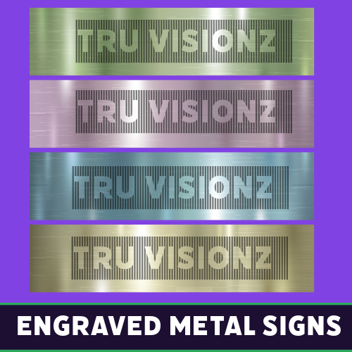 Engraved metal plates in multiple finishes, custom-etched with Tru Visionz branding.