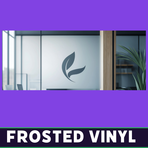 Office glass door with frosted vinyl leaf design, installed by Tru Visionz.