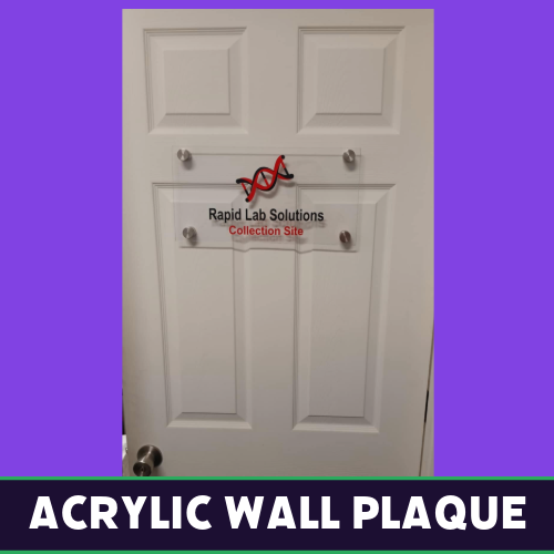 Custom acrylic wall plaque with red DNA logo and text for Rapid Lab Solutions, created by Tru Visionz.