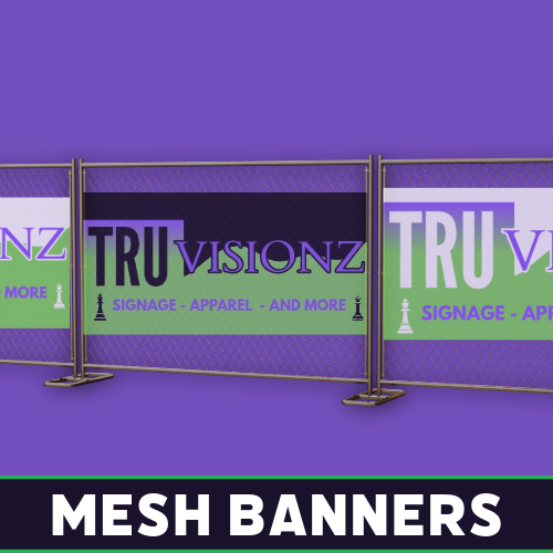 Custom purple mesh banner with Tru Visionz branding, displayed on fencing.