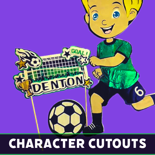 Custom sports-themed character cutout of a soccer player holding a Denton sign, designed by Tru Visionz.
