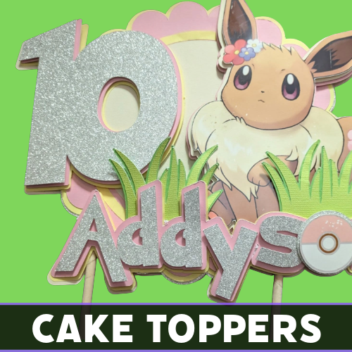 Custom glitter cake topper designs in various themes by Tru Visionz. - evee