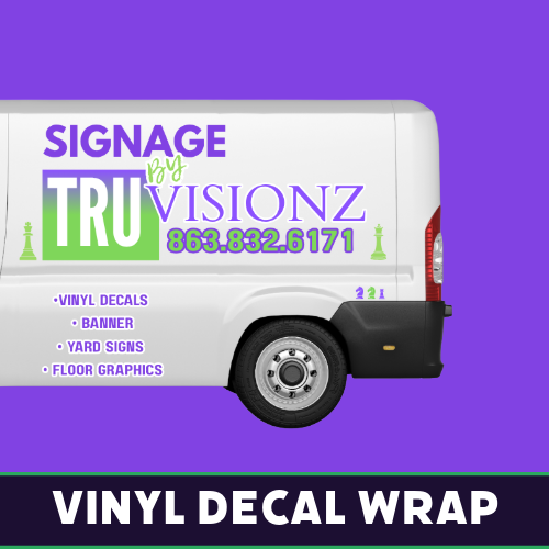 White van with full vinyl decal wrap in green, black, and purple Tru Visionz branding.