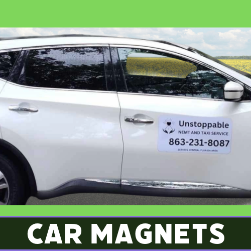 White SUV with custom car magnet displaying business name, phone number, and logo by Tru Visionz.