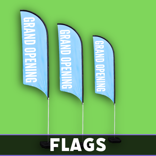 Set of blue feather flags reading “Grand Opening,” designed and printed by Tru Visionz.