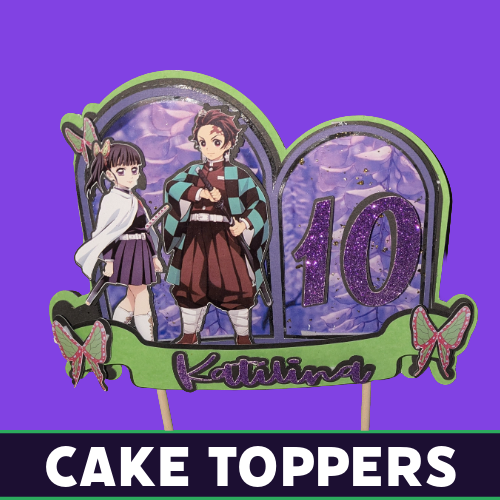 Custom glitter cake topper designs in various themes by Tru Visionz. --demon slayer