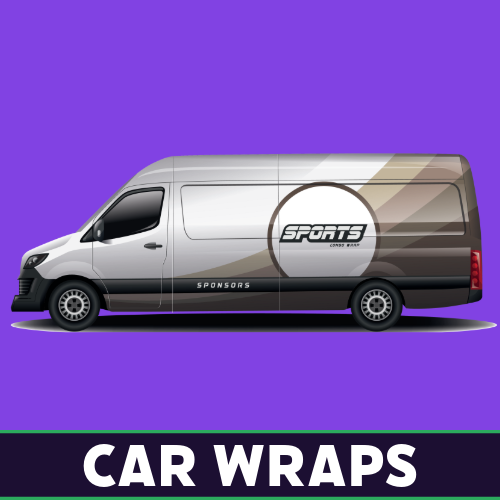 Large white van with custom full car wrap reading “Sport” designed by Tru Visionz.
