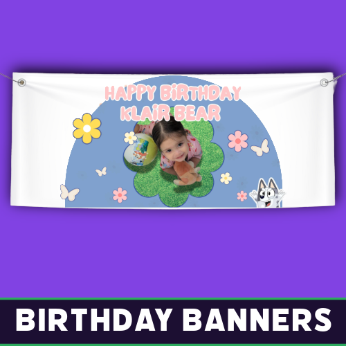 Personalized birthday banner featuring cartoon characters and floral accents, created by Tru Visionz.