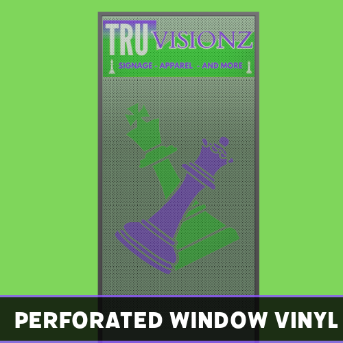 Custom perforated window vinyl featuring Tru Visionz branding in green and purple.