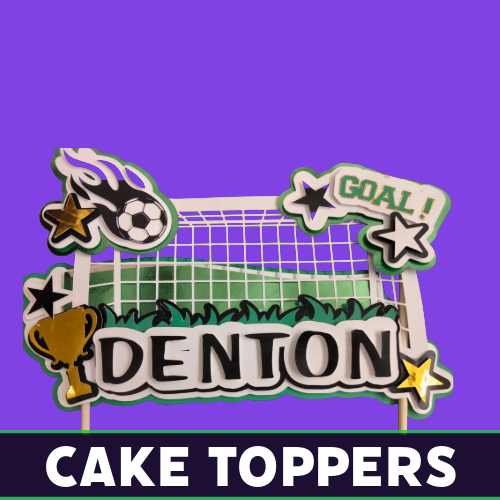 Custom glitter cake topper designs in various themes by Tru Visionz. - soccer