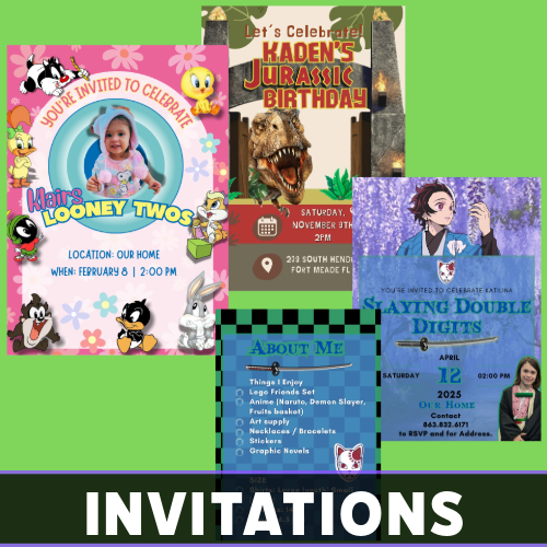 Collage of colorful custom invitations for parties and events, designed by Tru Visionz.