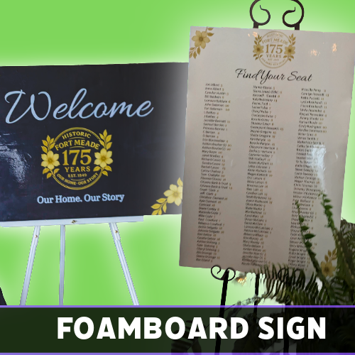 Two foam board signs on stands, one reading ‘Welcome’ and one listing event guests.
