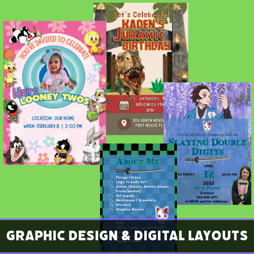 Collage of custom graphic designs and digital layouts created by Tru Visionz.